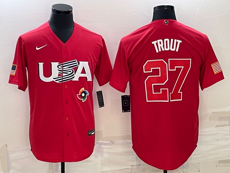 Men 2023 World Cub USA 27 Trout Red Nike MLB Jersey10